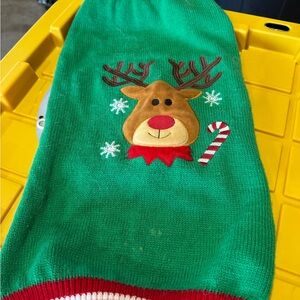 Green Reindeer Holiday Sweater with Candy Cane Accent